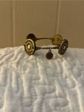 Alex and Ani Gold-Tone Bullet Casing Charm Bangle Bracelet with Logo Disc